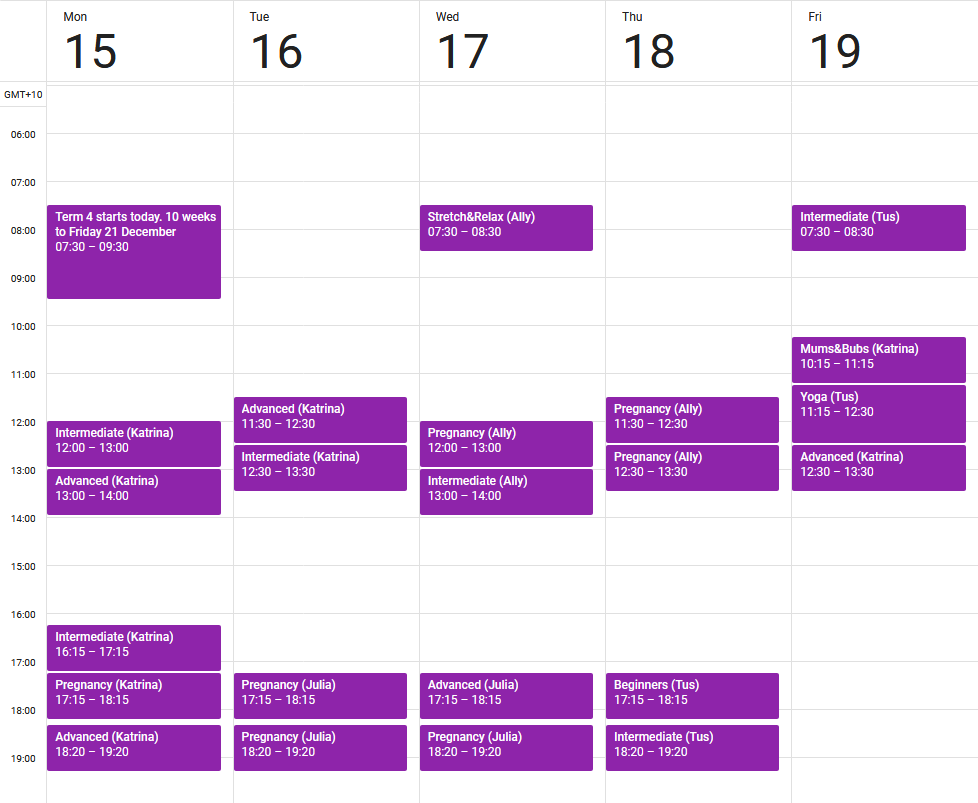 Pilates Sydney CBD timetable