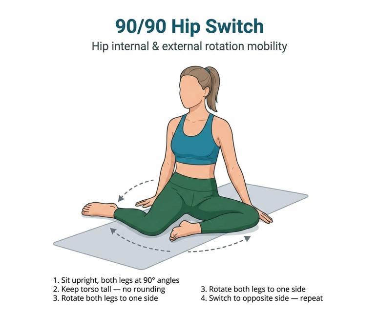 90/90 hip switch showing dynamic hip rotation mobility exercise