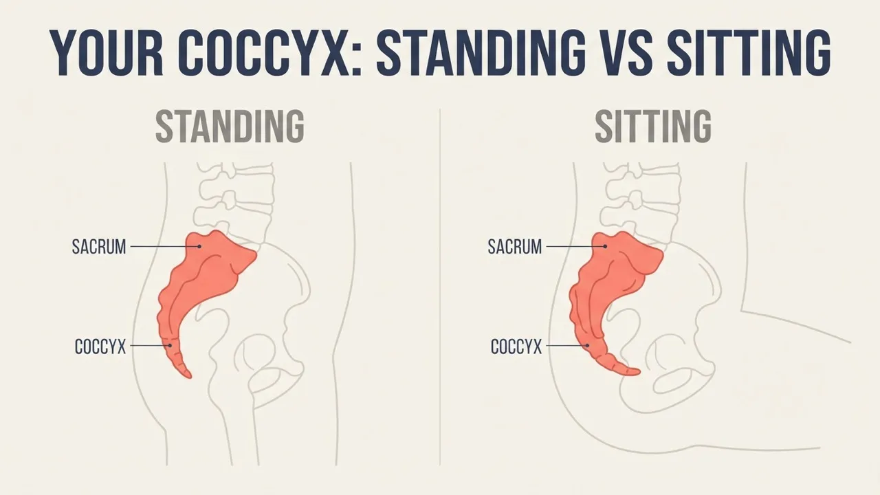 Diagram comparing the coccyx and sacrum standing — coccyx curved back, pelvic outlet open — versus sitting, where the coccyx curls under and shortens the pelvic outlet