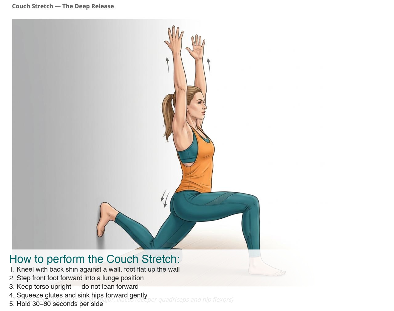 Couch stretch showing deep hip flexor and quadriceps stretch against wall