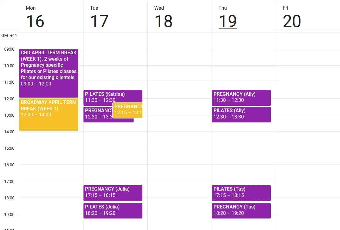 Draft April 2018 term break Pilates timetable for CBD and Broadway