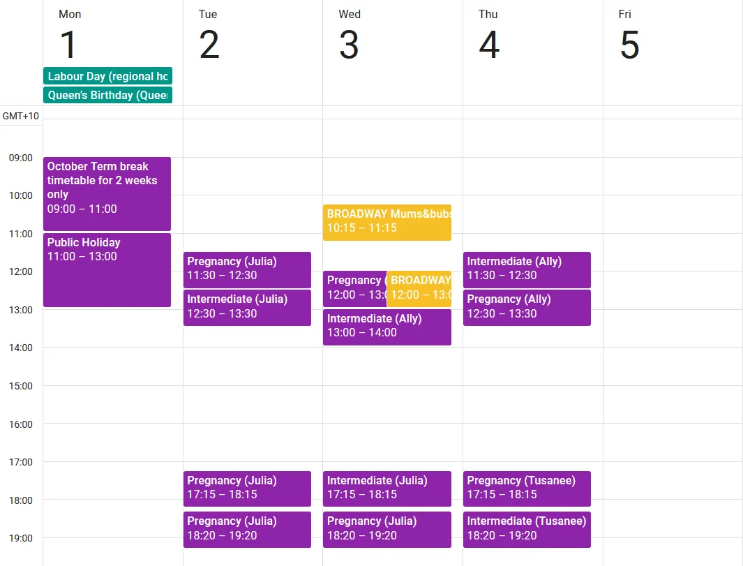 Draft October 2018 term break Pilates timetable for CBD and Broadway clinics