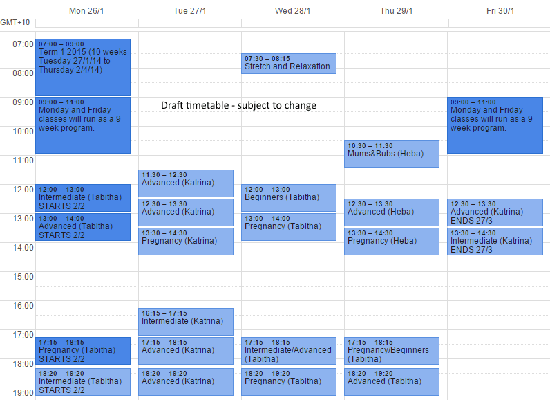 Draft Pilates Timetable Summer School 2015