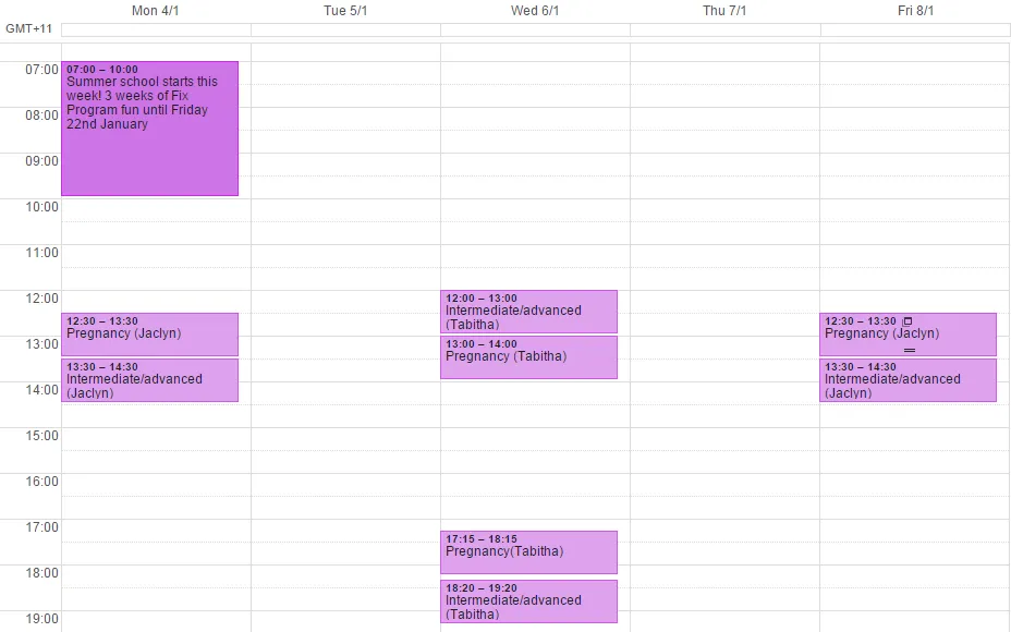 Draft Pilates Timetable Summer School 2016
