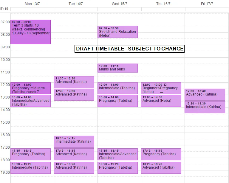 Draft Pilates Timetable Term 3 2015