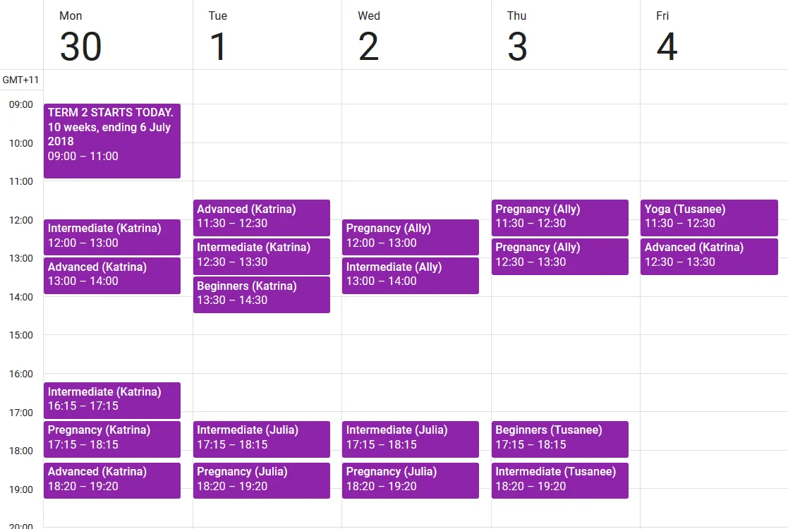 Draft Term 2 2018 CBD Pilates timetable