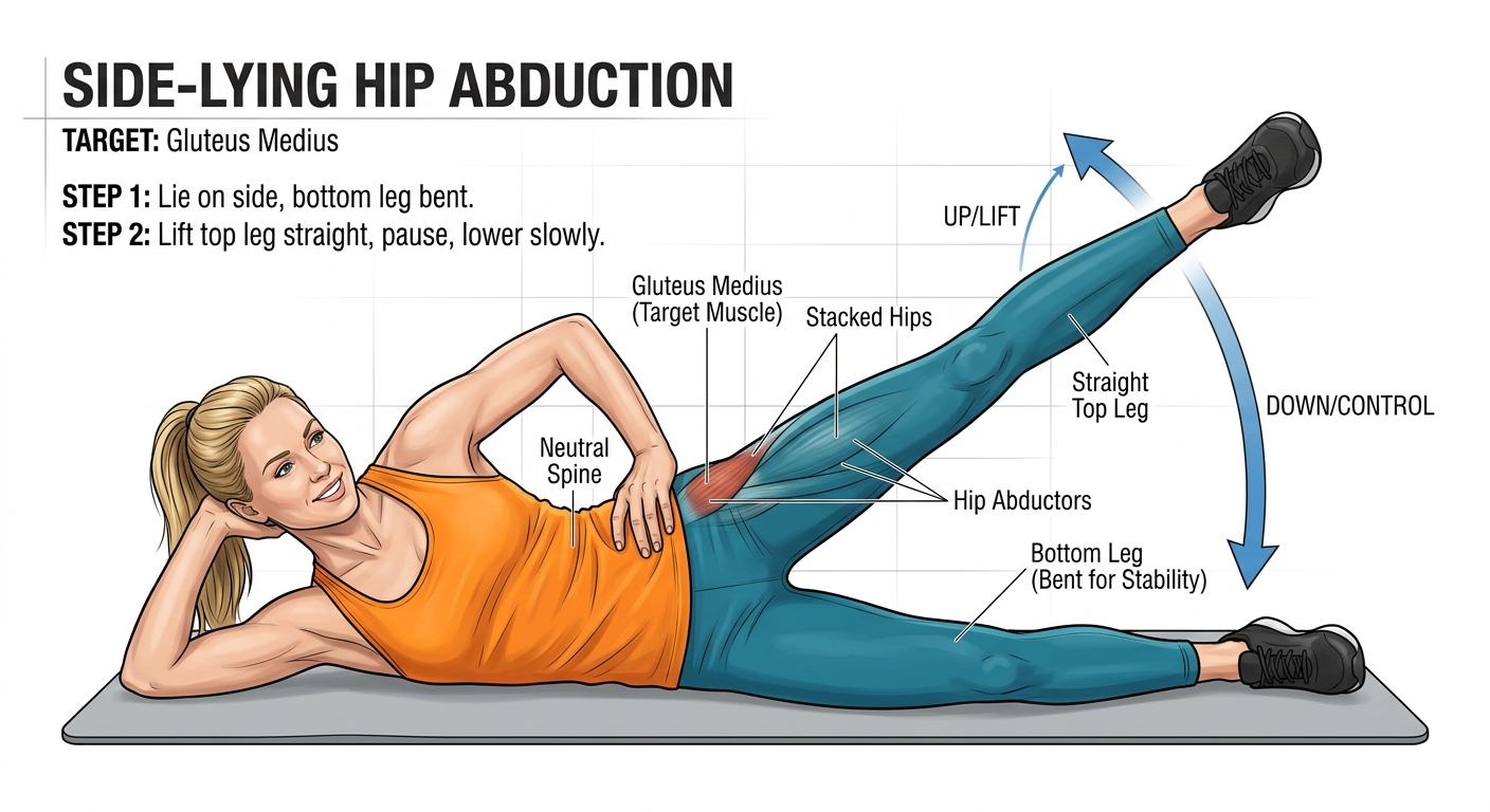Side-lying hip abduction for gluteus medius and TFL strengthening