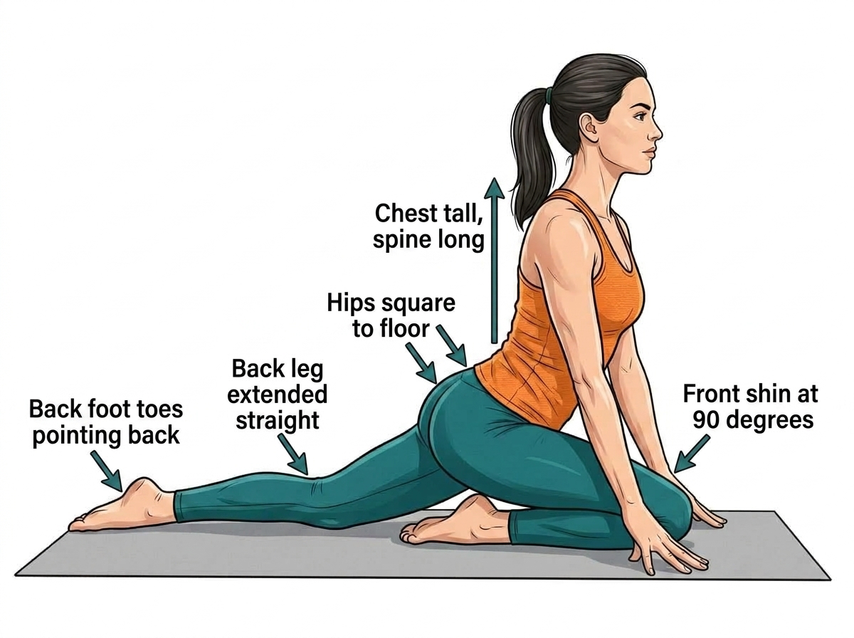 Upright pigeon pose showing glute and hip flexor stretch with form cues