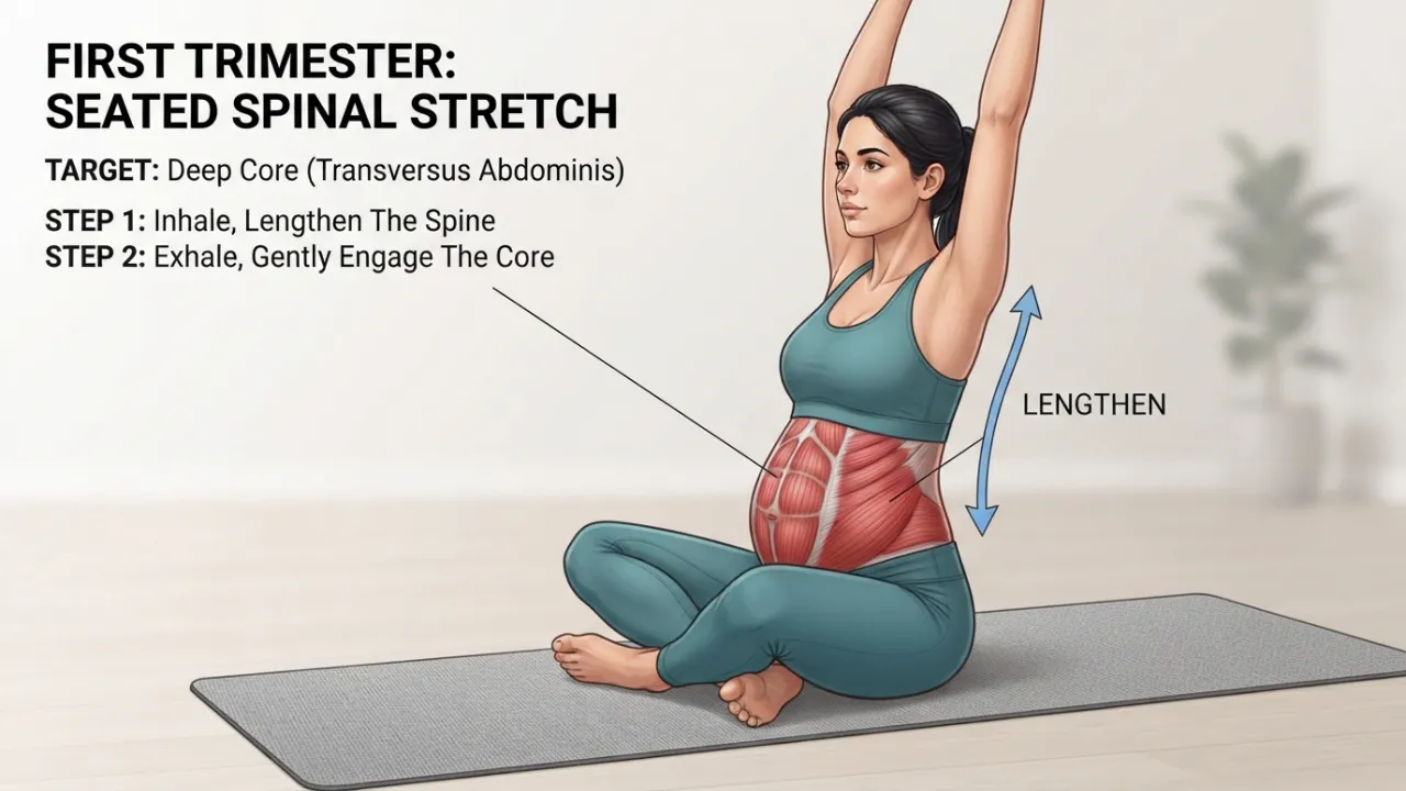 Pregnant woman in her first trimester performing a seated pilates spinal stretch, engaging the deep core