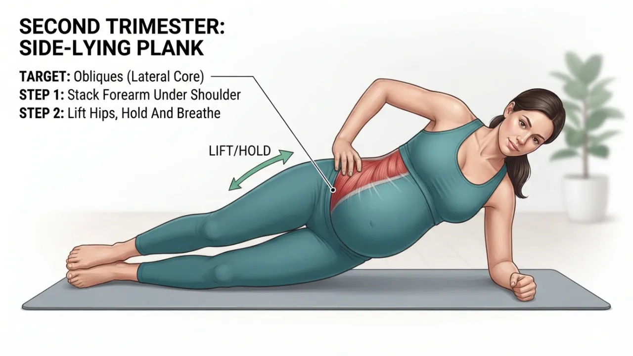 Pregnant woman in her second trimester performing a side-lying supported plank instead of a front plank