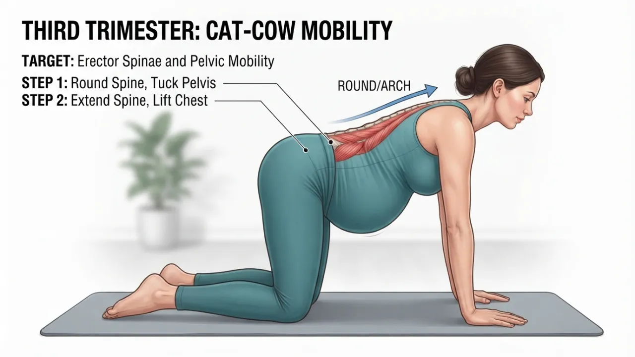 Pregnant woman in her third trimester performing cat-cow on hands and knees for gentle spinal and pelvic mobility
