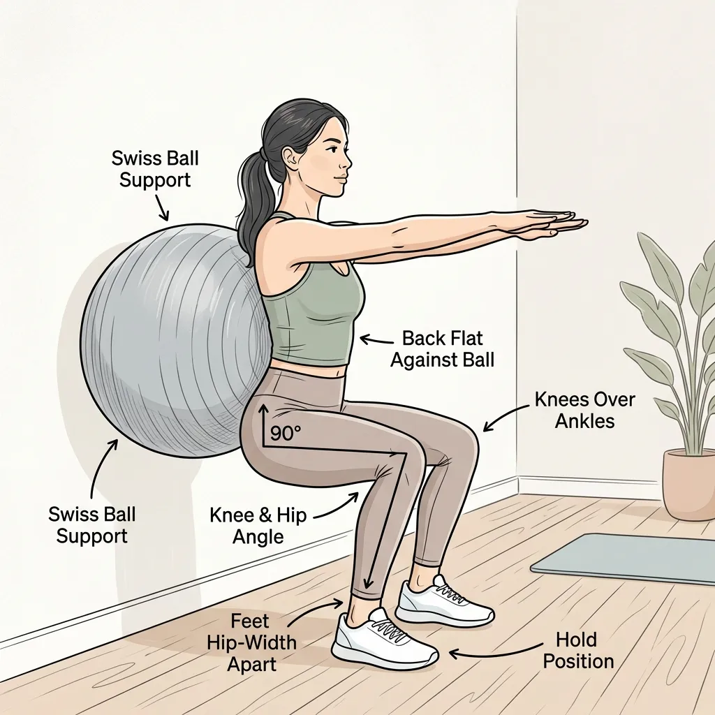Sustained wall squat with Swiss ball